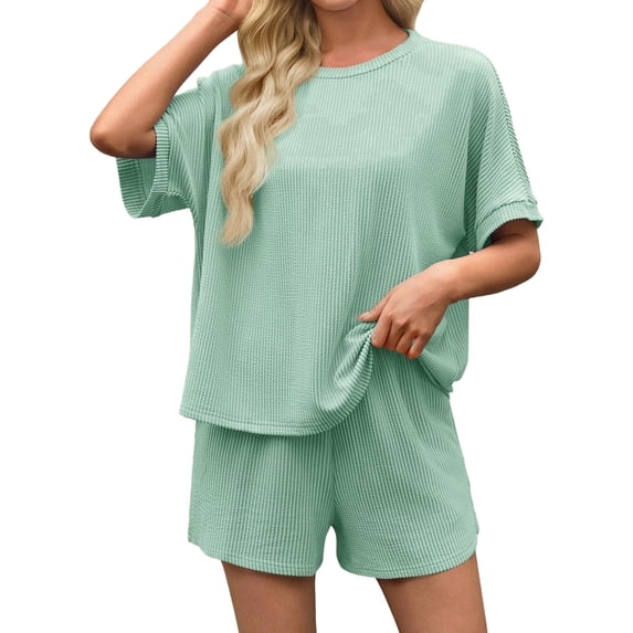 Short Sleeve Women 2 Pieces Matching Sets Ribbed Tops and Shorts Lounger Sets