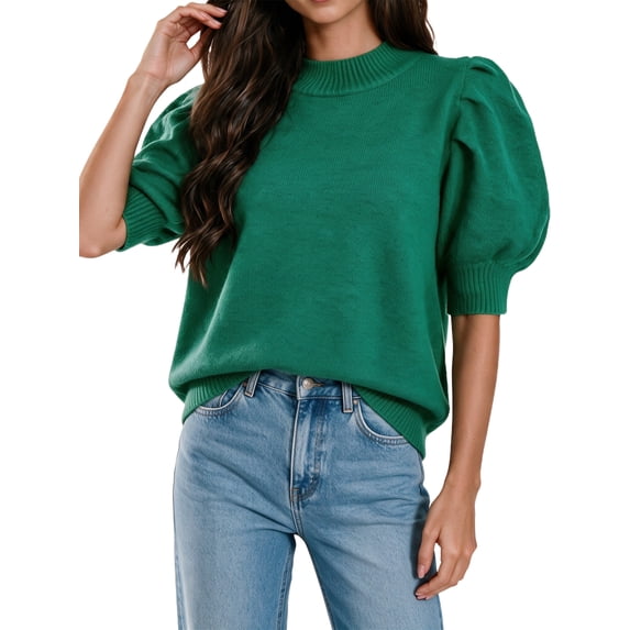 Short Sleeve Women Casual Solid Color Crewneck Puff Sleeve Knit Tops