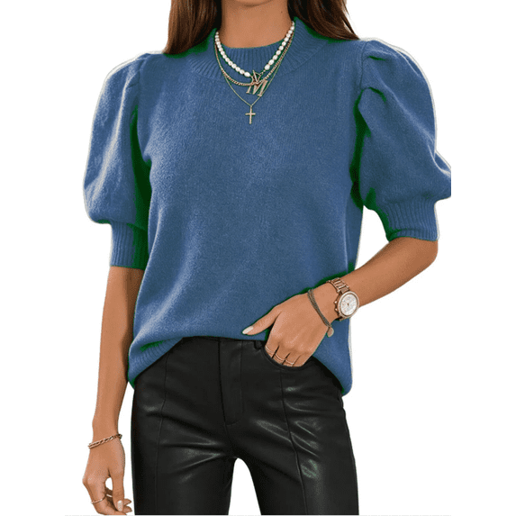Short Sleeve Women Casual Solid Color Crewneck Puff Sleeve Knit Tops