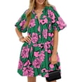 thumbnail image 1 of Short Sleeve Women Floral Print Loose Fit Lapel V-neck Casual Mini Dress, 1 of 7