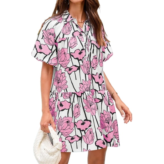 Short Sleeve Women Floral Print Loose Fit Lapel V-neck Casual Mini Dress