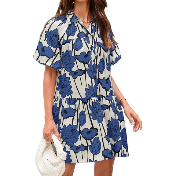 Short Sleeve Women Floral Print Loose Fit Lapel V-neck Casual Mini Dress