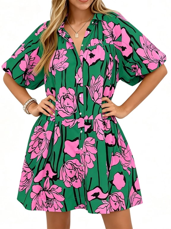 Short Sleeve Women Floral Print Loose Fit Lapel V-neck Casual Mini Dress