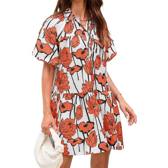 Short Sleeve Women Floral Print Loose Fit Lapel V-neck Casual Mini Dress