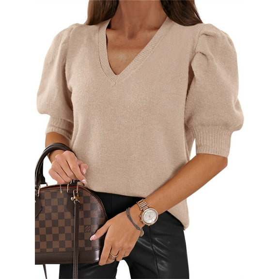 Short Sleeve Women Solid Puff Sleeve Square Neckline Knit Sweater Pullover