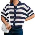 thumbnail image 1 of Short Sleeve Women Stripe Print Casual Button Down Crochet Cardigan Hollow Tops, 1 of 6