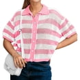 thumbnail image 1 of Short Sleeve Women Stripe Print Casual Button Down Crochet Cardigan Hollow Tops, 1 of 4