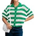 thumbnail image 1 of Short Sleeve Women Stripe Print Casual Button Down Crochet Cardigan Hollow Tops, 1 of 6