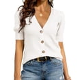thumbnail image 1 of Short Sleeve Women V-neck Solid Button Down Knit Cardigan Tops, 1 of 4