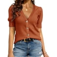 thumbnail image 1 of Short Sleeve Women V-neck Solid Button Down Knit Cardigan Tops, 1 of 4