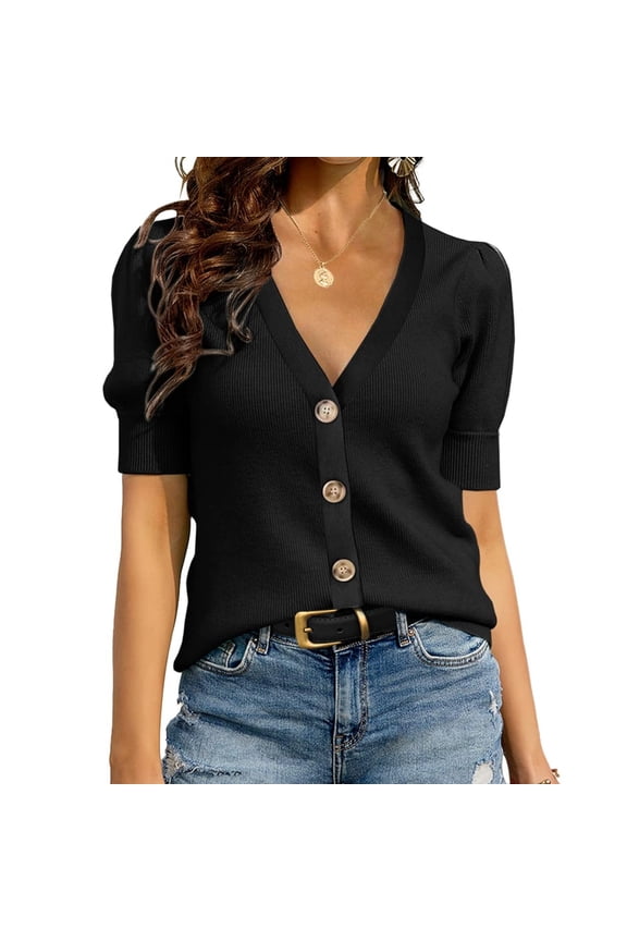 Short Sleeve Women V-neck Solid Button Down Knit Cardigan Tops