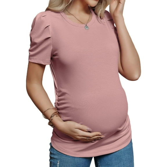 Short Sleeve Women's Maternity Shirt Casual Puff Sleeve Knit Tops