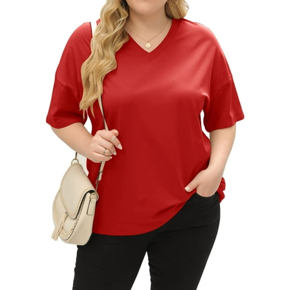 Short Sleeve Women's Plus Size Solid Color V-neck Casual Loose T-shirt Tops