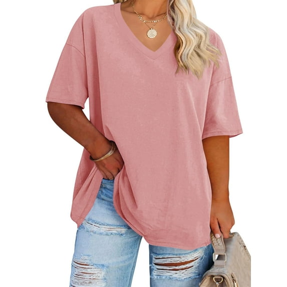 Short Sleeve Women's Plus Size Solid Color V-neck Casual Loose T-shirt Tops