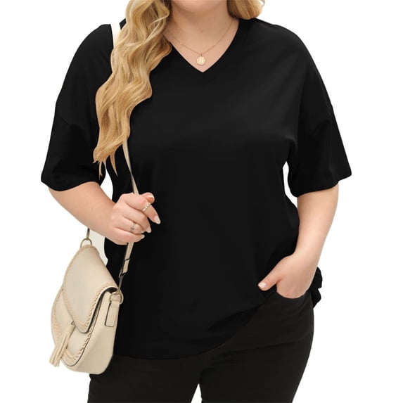 Short Sleeve Women's Plus Size Solid Color V-neck Casual Loose T-shirt Tops