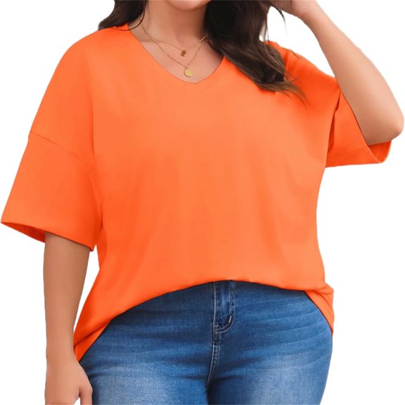 Short Sleeve Women's Plus Size Solid Color V-neck Casual Loose T-shirt Tops