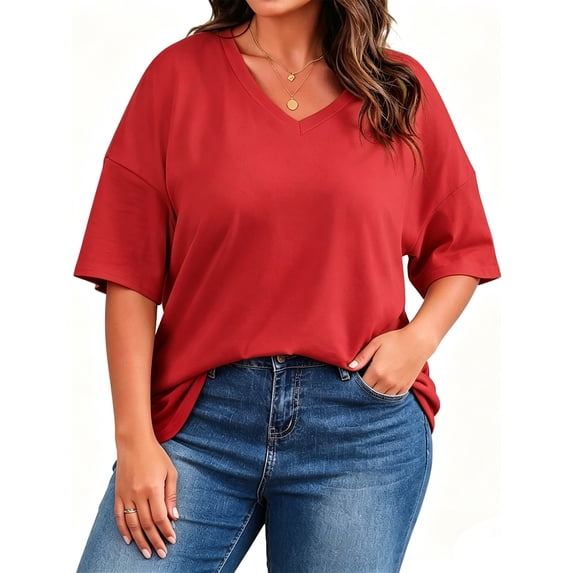 Short Sleeve Women's Plus Size Solid Color V-neck Casual Loose T-shirt Tops