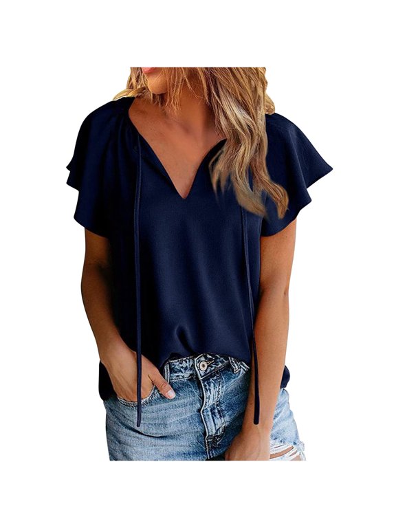 Short Sleeve Womens Blouse Petal Chiffon Short Sleeve Button up V Neck Fashion Tee Elegant Tops