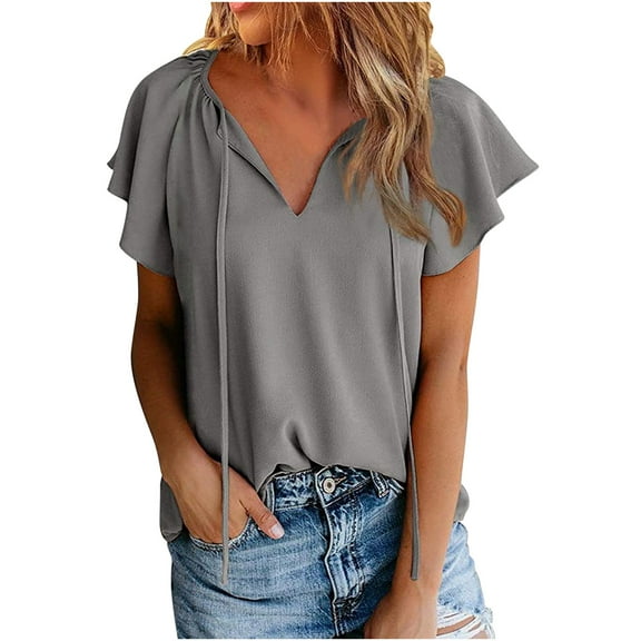 Short Sleeve Womens Blouse Petal Chiffon Short Sleeve Button up V Neck Fashion Tee Elegant Tops