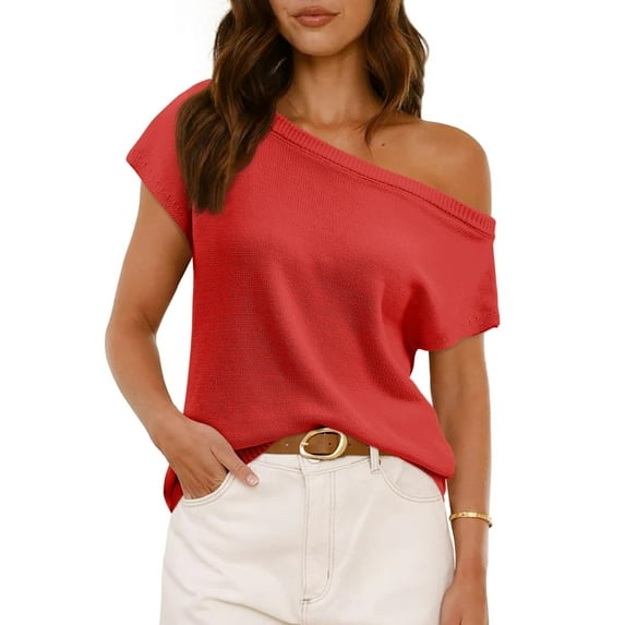 Short Sleeve Womens One Shoulder Sweater Tops Casual Loose Knit Going Out Shirt
