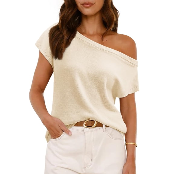 Short Sleeve Womens One Shoulder Sweater Tops Casual Loose Knit Going Out Shirt