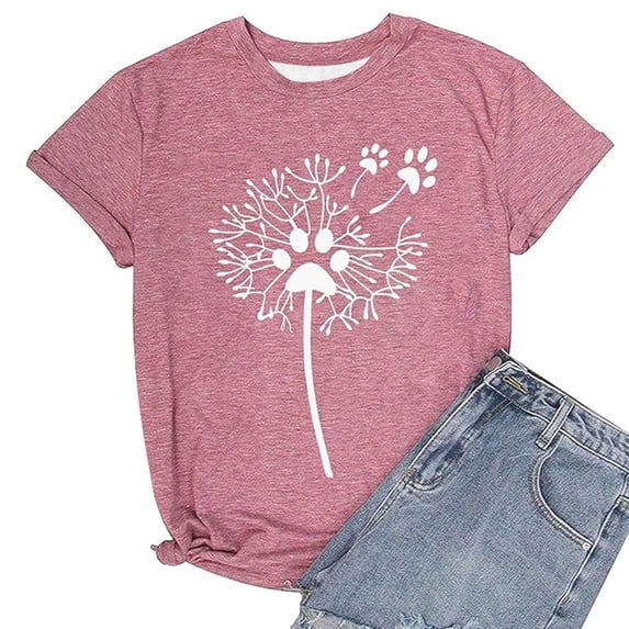 Short Sleeve Womens Tees Dandelion Print Basic Spring Summer T Shirts Casual Crew Neck 2026 Fashion Tops