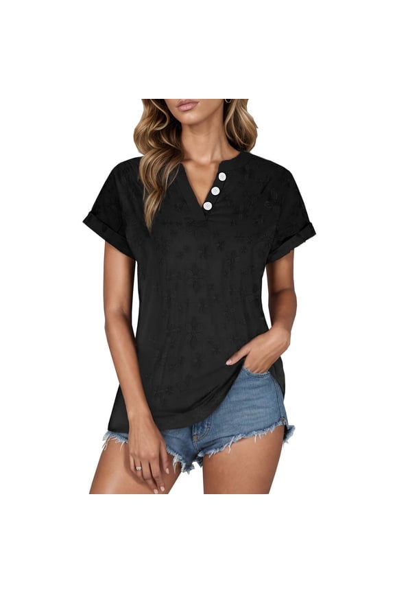 Summer Women's Fashion Sleeve Solid Loose Knit Tunic Tops Casual V-Neck Shirts Womens Tops Dressy Casual