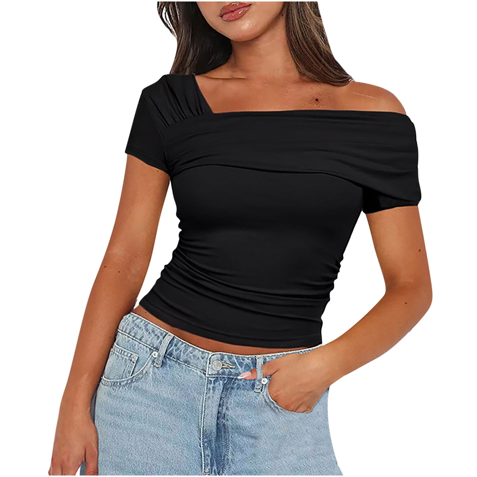 Short Sleeve Womens Tops Solid Color Crop T Shirts for Women One Off The Shoulder Workout Shirt Women Slim Fit Y2K Plus Size Tops Ruched Going Out