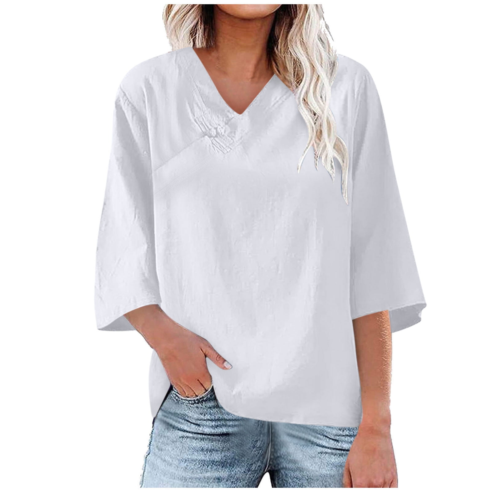 BLANCHES Women's Summer V-Neck T-Shirt - Loose Fit Short-Sleeve Tunic Top In Solid Colors (Soft Cotton Blend)