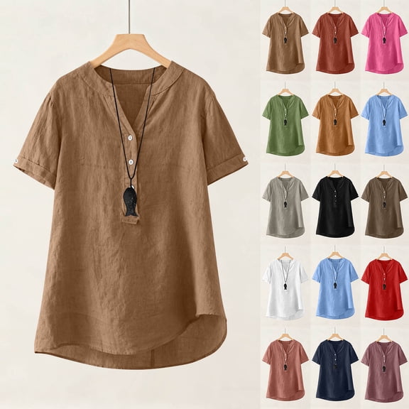 Short Sleeve Womens Tops Womens Plus Size Tops Short Sleeve Shirts Linen V-Neck Buttoned Half-Open Front Solid Color Short Sleeve Shirts for Women Blouses for Women, XXL