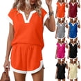 thumbnail image 1 of Short Sleeve Womens Tracksuit Sets Crew Neck Solid Color Tops and Loose Shorts Summer 2 Piece Outfit with Pockets Black S, 1 of 7