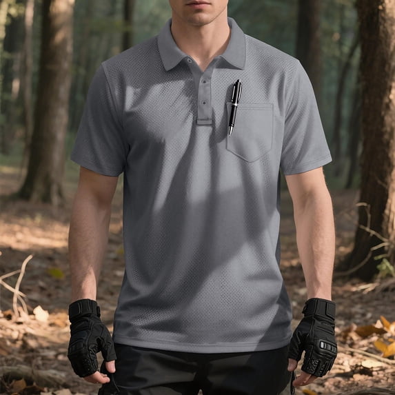 Short Sleeve Workout Shirts for Men Men's Mesh T-Shirt with Chest Pocket Short Sleeve Turndown Collar Breathable Lightweight Tee Shirt for Work Outdoor Activities Daily Casual Wear Gray XL