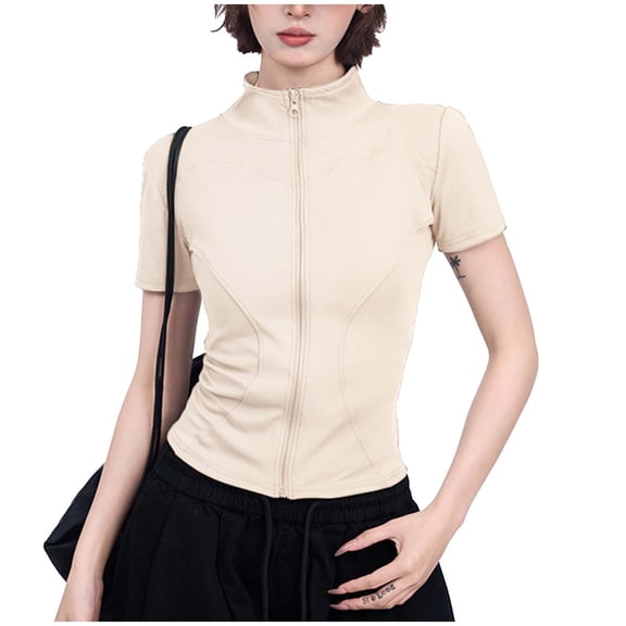 Short Sleeve Workout Top for Women Slim Fit Full Zipper Stand-up Collar Jacket Casual Fitness Running Sports Shirts