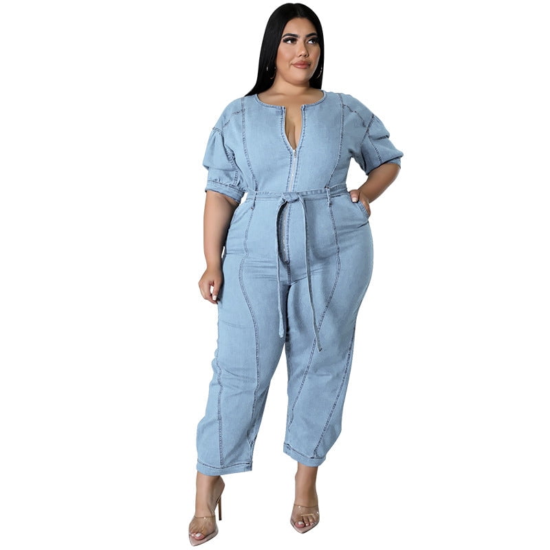 Zippered short sleeves solid color jumpsuit