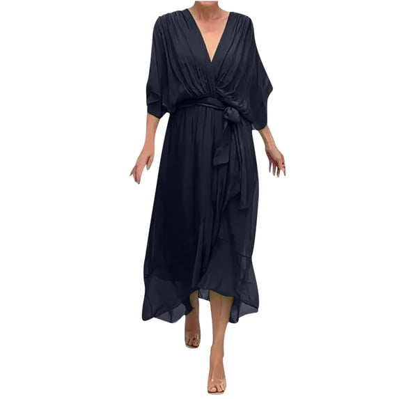 Short Sleeve for Women Fall Summer V Neck Lace Chiffon Maxi Long Brunch Tie Knot Plain Asymmetrical Dresses Women 2026 Clothing Country Concert Y2K