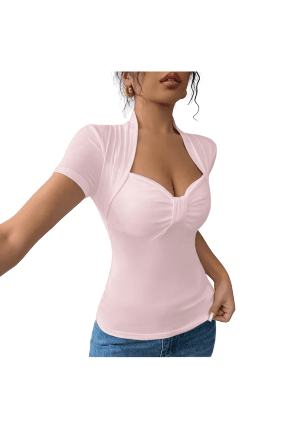 Short Sleeve for Women Shrug Style Fitted Ruched Front Neck Pullover Tee Top Stretchy Basic Layering Shirt Pink 2XL