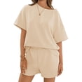 thumbnail image 1 of Short Sleeved 2 Pieces Waffle Knit Set Casual .loose Tops and Shorts Pants Lounge Sets, 1 of 6