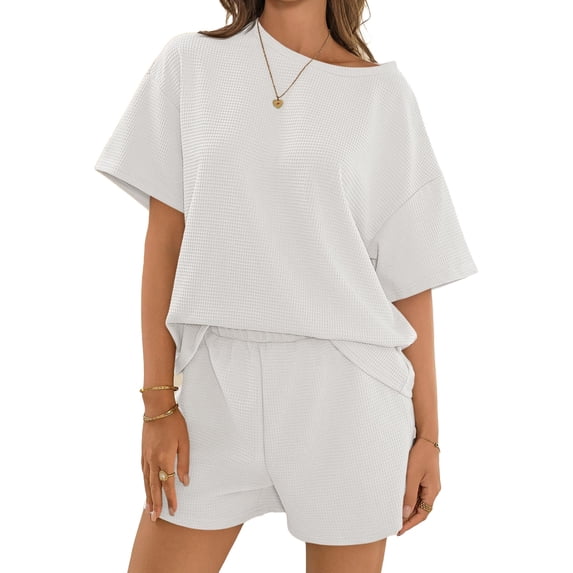 Short Sleeved 2 Pieces Waffle Knit Set Casual .loose Tops and Shorts Pants Lounge Sets
