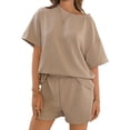 thumbnail image 1 of Short Sleeved 2 Pieces Waffle Knit Set Casual .loose Tops and Shorts Pants Lounge Sets, 1 of 6