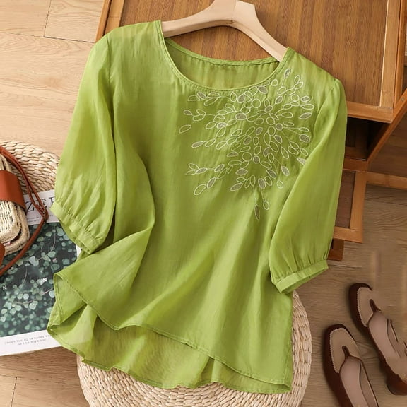 Short Sleeved Cotton Linen Tops, Embroidered Retro Shirts, Summer Casual Tees, Slim & Loose, Green 2XL, Size M-XXXXL