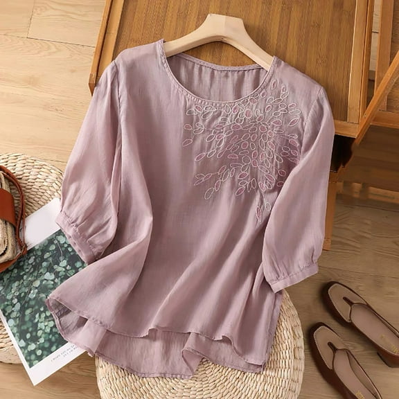 Short Sleeved Cotton Linen Tops, Embroidered Retro Shirts, Summer Casual Tees, Slim & Loose, Pink 2XL, Size M-XXXXL