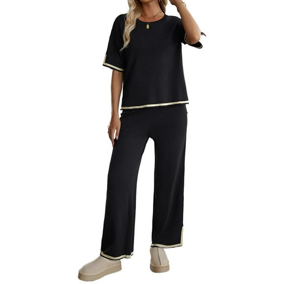 Short-Sleeved Knitted Trousers Suit Black XS