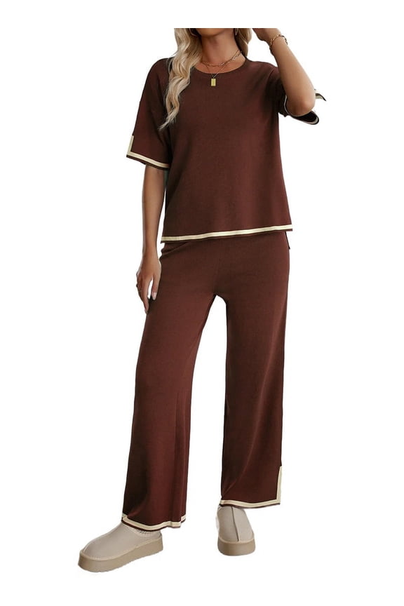 Short-Sleeved Knitted Trousers Suit Brown XL