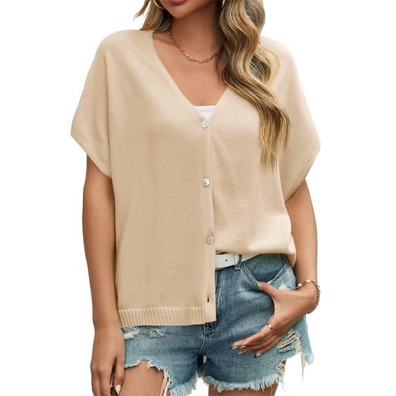 Short Sleeved Oversized Women Solid V-neck Casual Loose Knit Sweater Lightweight Button Tops