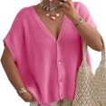 thumbnail image 1 of Short Sleeved Oversized Women Solid V-neck Casual Loose Knit Sweater Lightweight Button Tops, 1 of 6