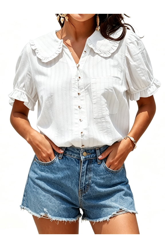 Short Sleeved Peter Pan Collar Women Button Down Blouse Tops
