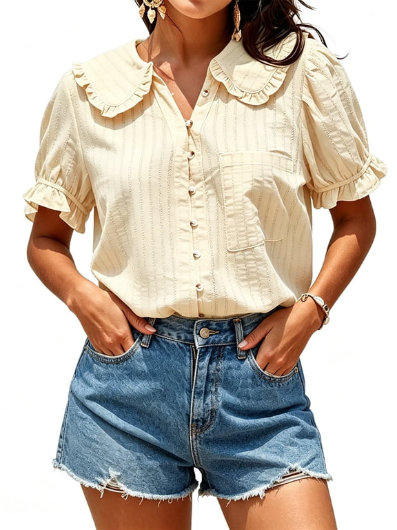 Short Sleeved Peter Pan Collar Women Button Down Blouse Tops