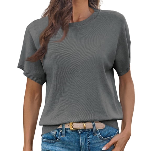 Short Sleeved Solid Color Women Casual Crew Neck Short Sleeve Knit Sweater Tops