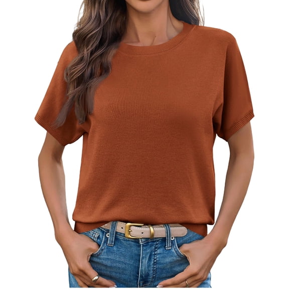 Short Sleeved Solid Color Women Casual Crew Neck Short Sleeve Knit Sweater Tops