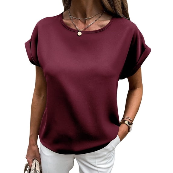 Short Sleeved Solid Color Women Crewneck Casual Shirt Tops